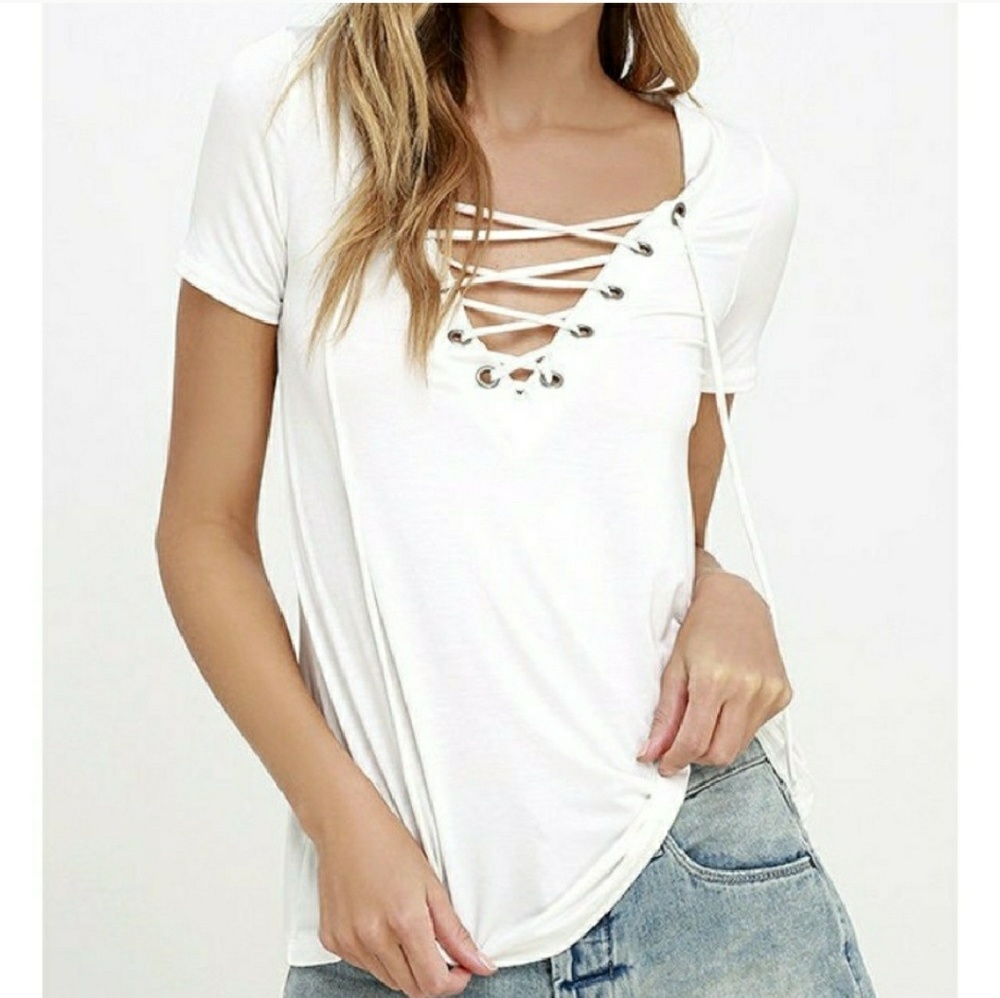 Lace Up V Neck Top